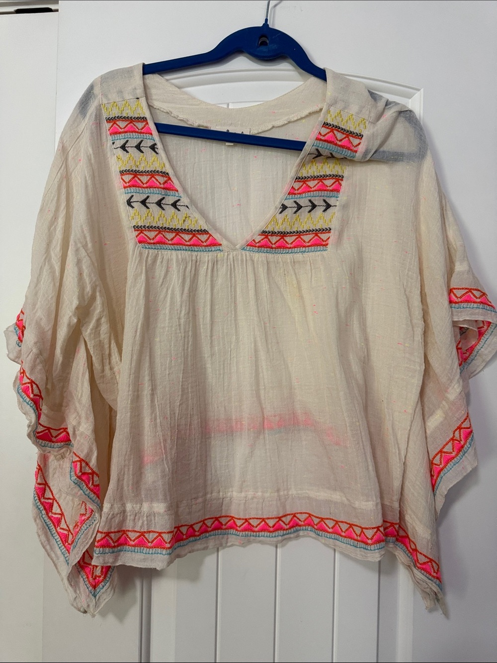 Boho Embroidered Cream Peasant Blouse with Neon Trim